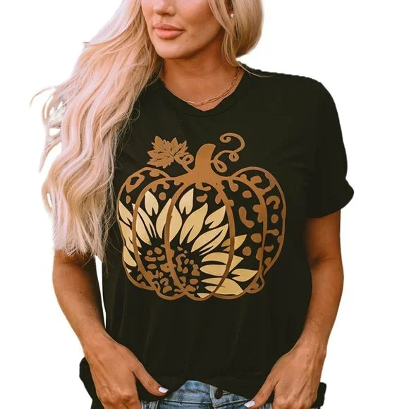 Black Halloween Sunflower Pumpkin Graphic Tee - Picture 12 of 15